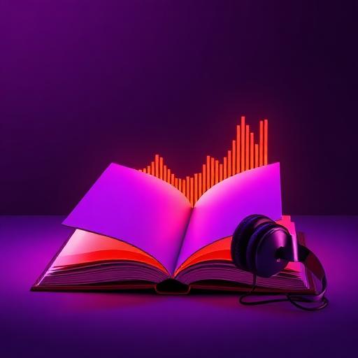 An open book turning into glowing sound waves beside headphones