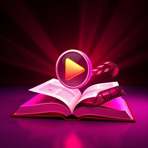 A cinematic play button and filmstrip above an open book