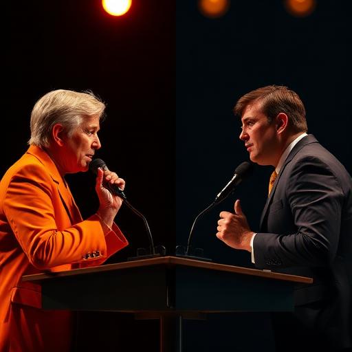 Two debaters at microphones arguing opposite sides