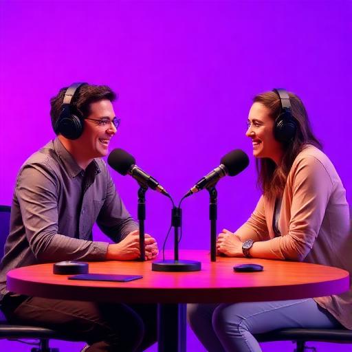 Two podcast hosts talking into studio microphones