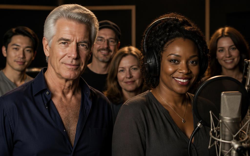 Five diverse voice actors of different ages and backgrounds at studio microphones