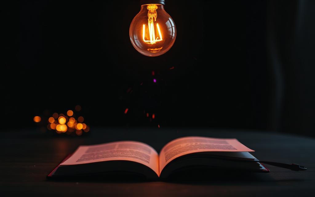 A glowing lightbulb above an open blank notebook