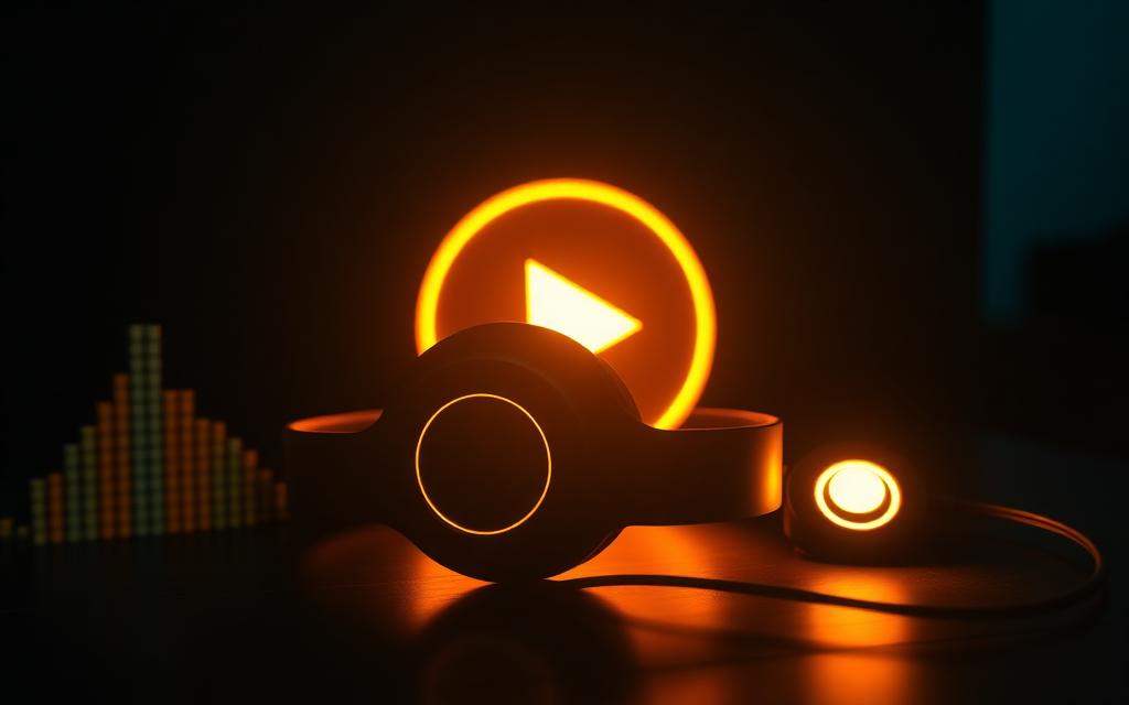Headphones glowing beside a play button and an audio waveform