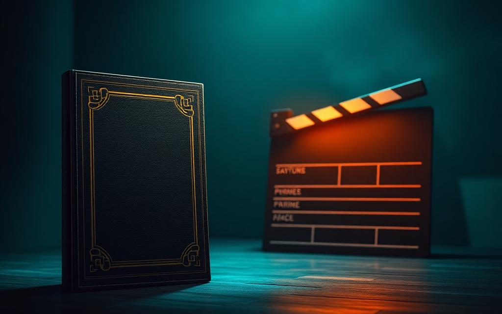 A hardcover book standing beside a glowing film clapperboard