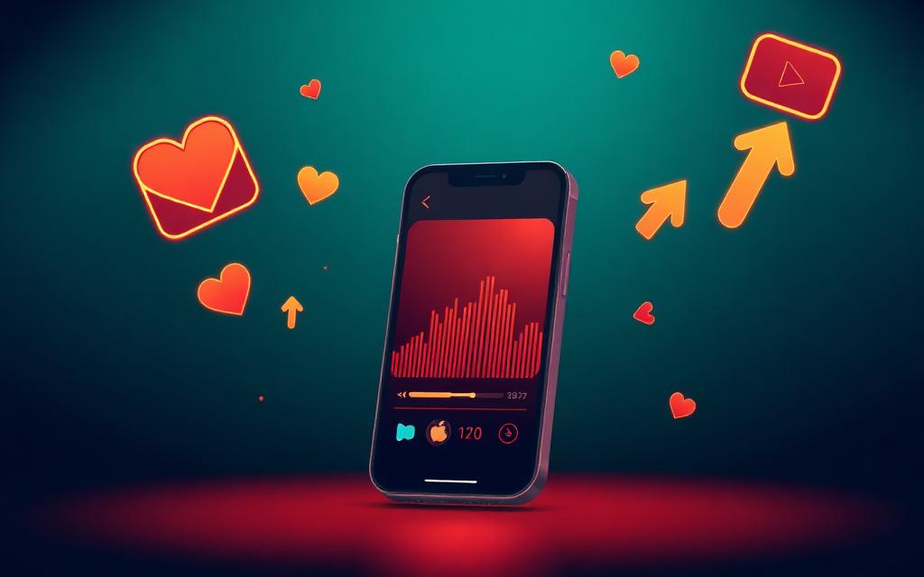 A phone playing a short vertical clip surrounded by likes and a trending arrow