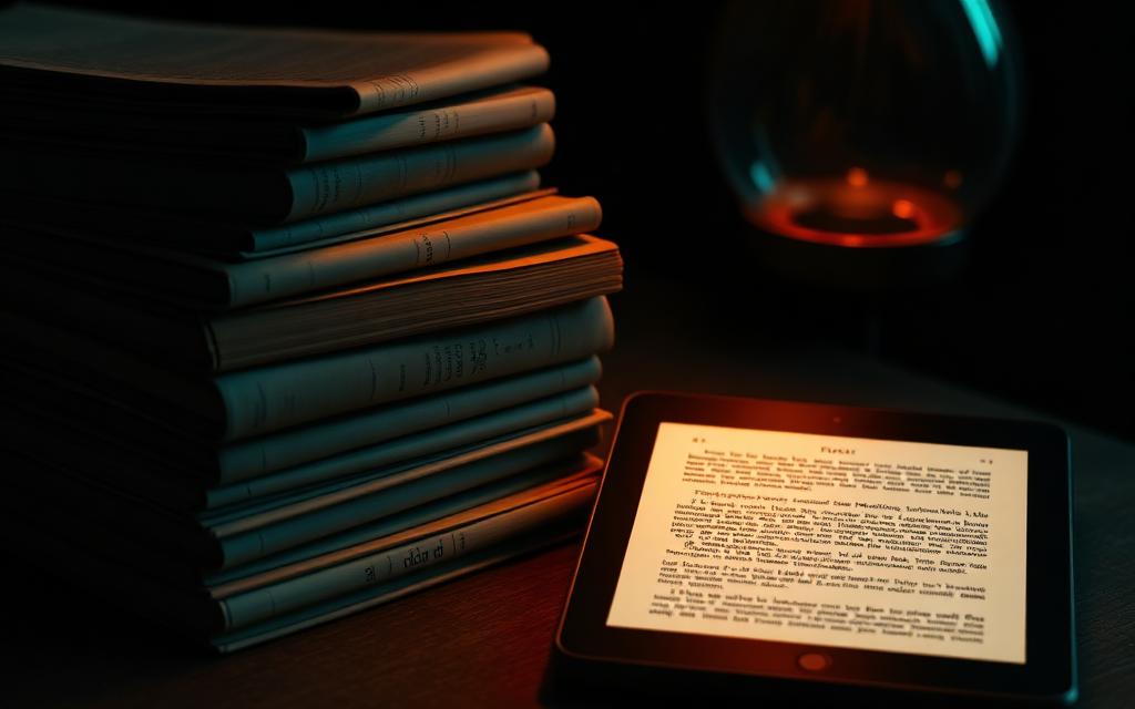 A stack of books beside a glowing e-reader on a dark table
